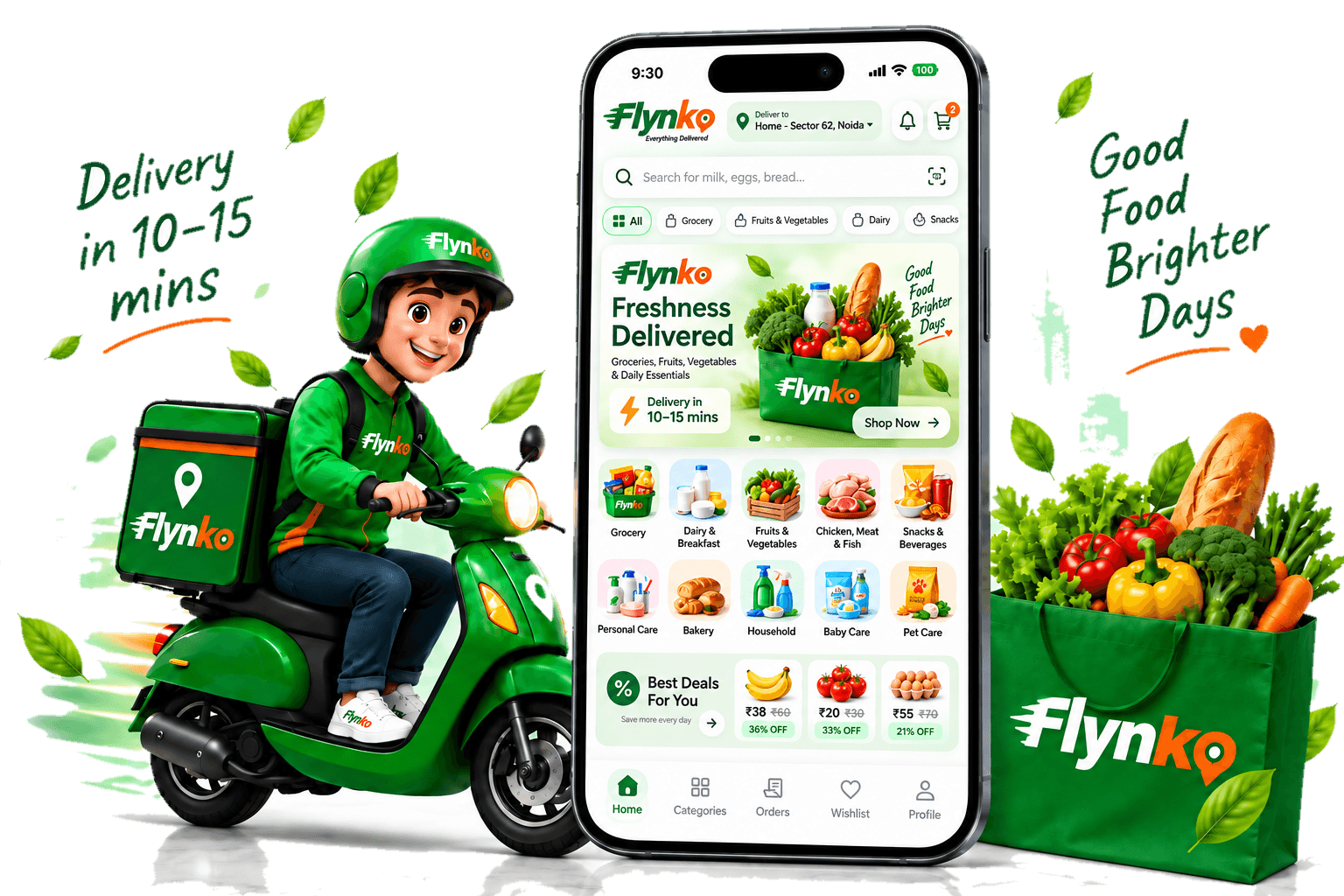 Flynko delivery rider on a green scooter beside the Flynko app and a green Flynko bag of fresh groceries